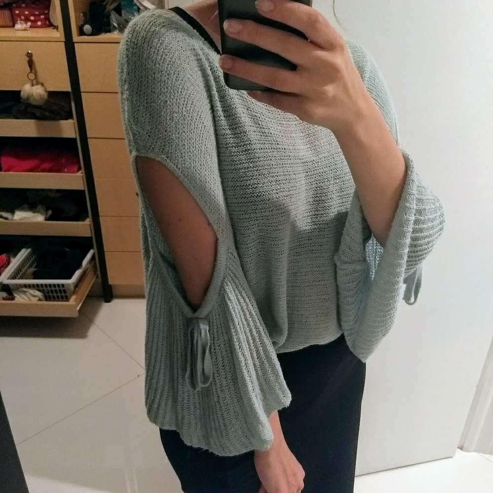Express blue sweater with cold + ruffle sleeve